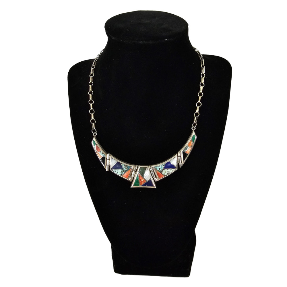 Vintage Teme Navajo Native American Indian Sterling Precious Stone Inlay Necklac